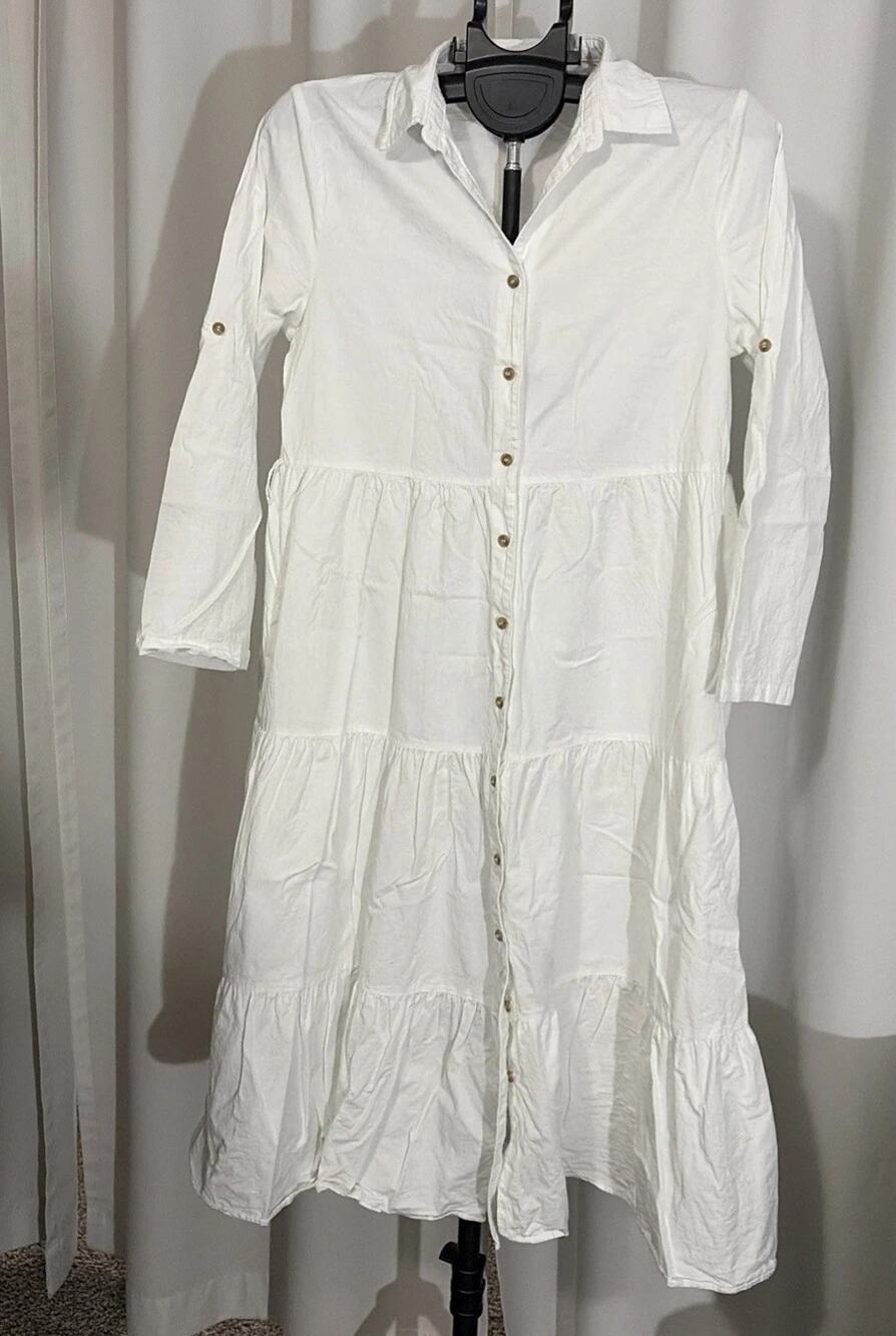 Haven Hearts White Solid Button-Up Collared Belted Long Sleeve Dress, Size M.